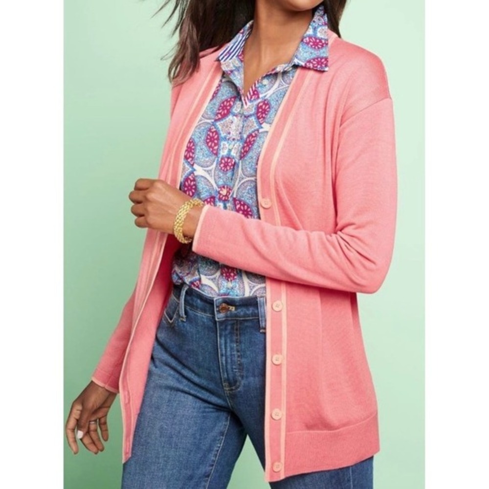 Talbots Girlfriend Cardigan Tipped Pink V-Neck Button Front Size XS